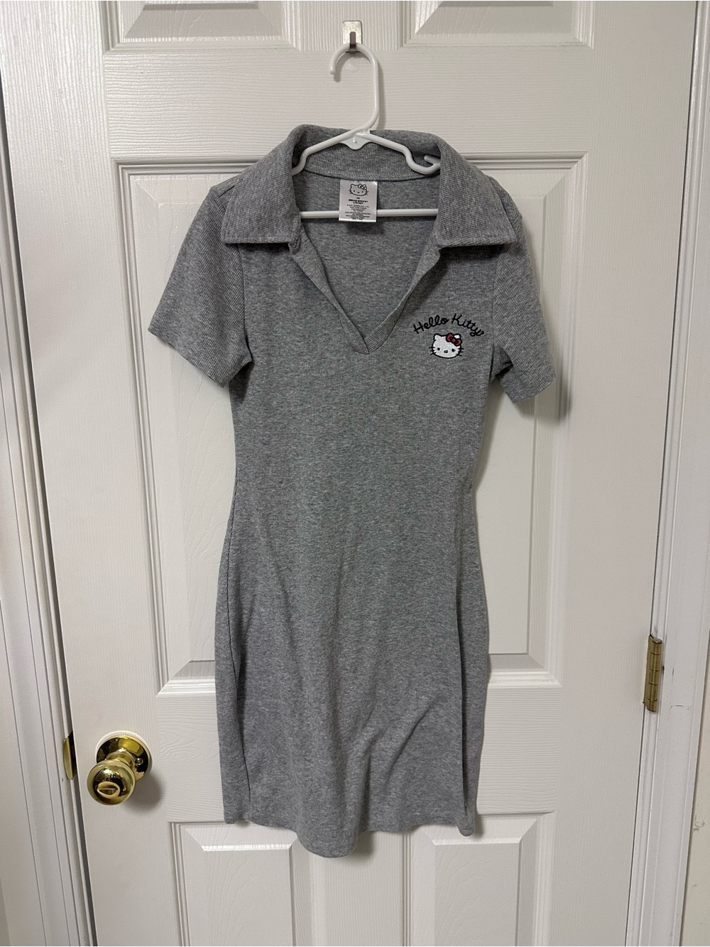 Hello Kitty Grey Polo-Style Knit Dress with Chest Embroidery